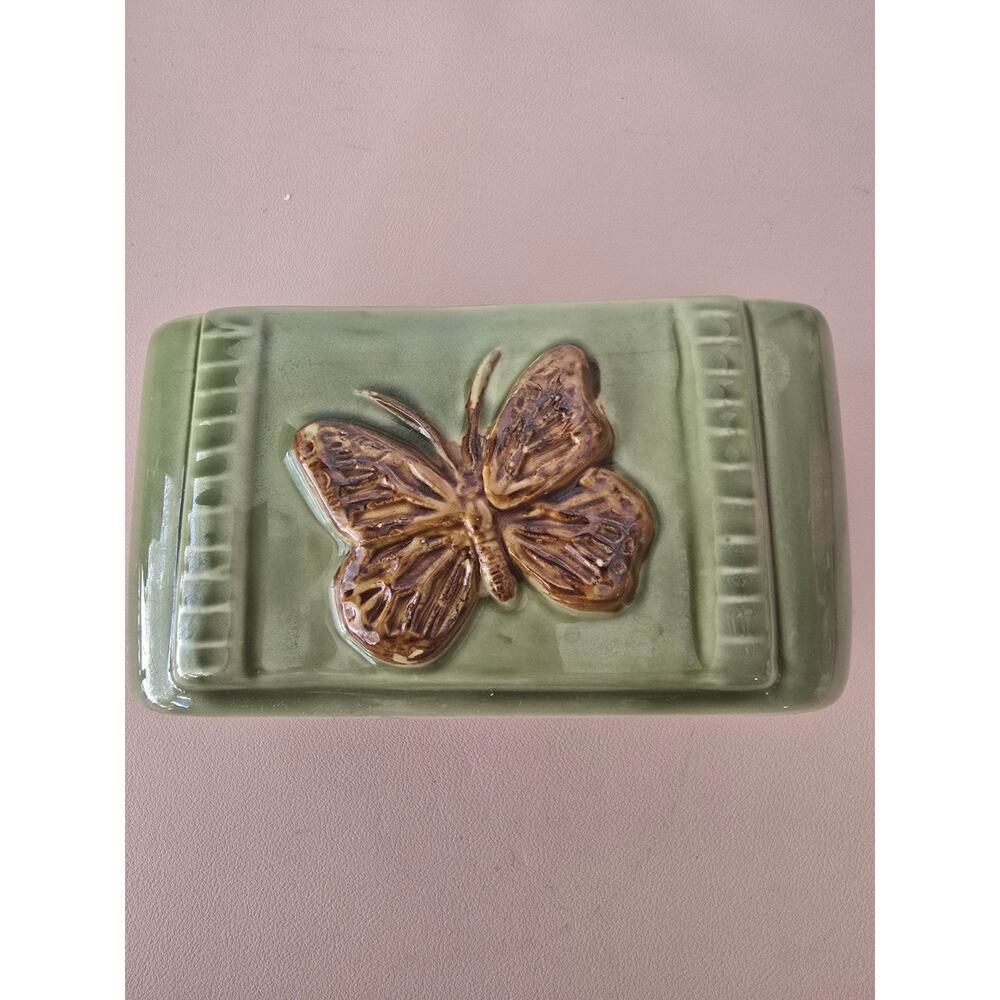VTG Rectangle Green Butterfly Design Planter Vase